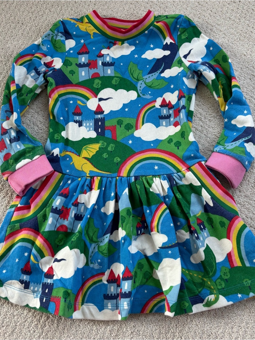 Mini boden Rainbow Castle Dragon sweatshirt Dress - Bright Blue & Green